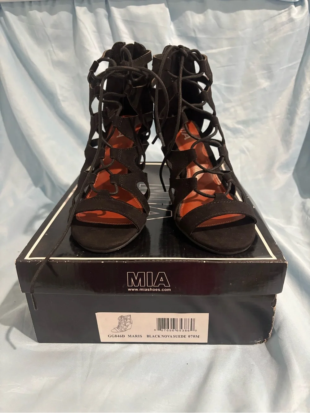 MIA Black Lace-Up Suede Gladiator Heels